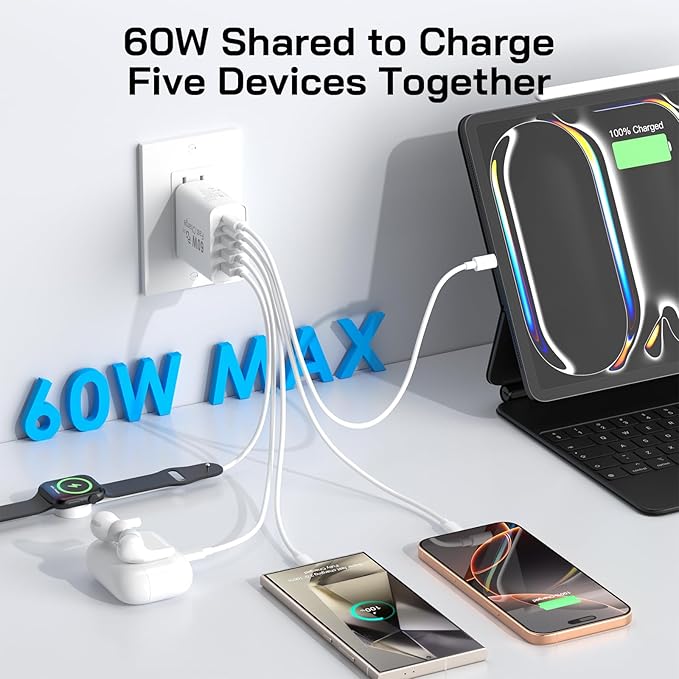 2Pack USB C Fast Charger Block, 60W 5-Port USB C Wall Charger with 6.6FT USBC to USBC Cord, 2USB C+3USB A PPS/PD 3.0 Multiport Charging Cube for iPhone 16 15 14 Pro Max,for Galaxy S25 S24 Ultra,i Pad