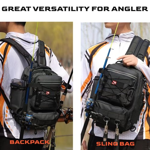 Fishing Backpack Small Tackle Sling Bag - with 2 Rod Holder - Storage Tackle Box, Fishing Gear, Fly Fishing Gifts, Grey, (Only Bag)