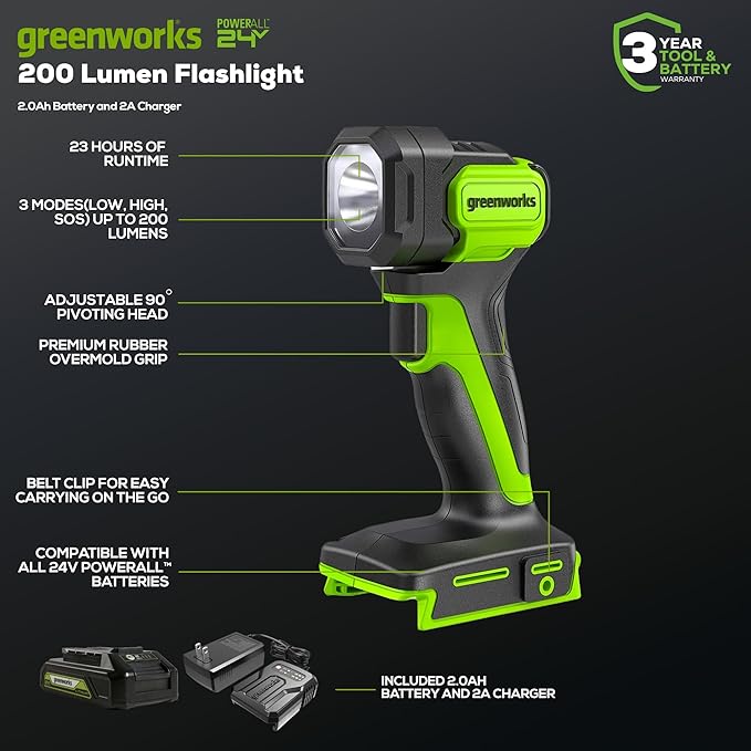Greenworks 24V Brushless 3 pcs Cordless Power Tool Combo Kit, Include 310 in./lbs Drill, 1950 in./lbs Impact Driver, Flashlight, 2 x 2Ah Batteries and Charger