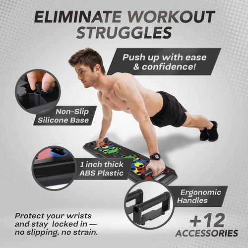GrowGlo Push Up Board - Portable Multifunction All-in-One Fitness Accessories, Includes Resistance Bands & Pull Up Band, Durable Workout Board for Home Gym, Great Chest Workout Equipment