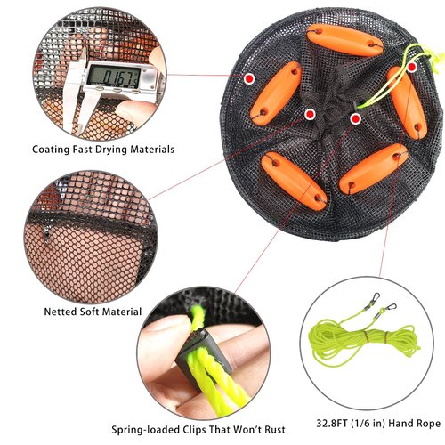 Drasry Large Portable Floating Fishing Basket for Caught Bait Shrimp Minnow Crab Live Well Coated Nylon Net Mesh Collapsible Storage Cage Rubber Kayak Fish Net Bucket(12.6 * 12.6 * 15 in)
