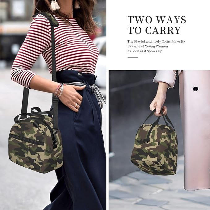 bassyil Camo Insulated Lunch Bag Reusable Lunch Box With Adjustable Shoulder Strap Cooler Tote Bag For Men Women