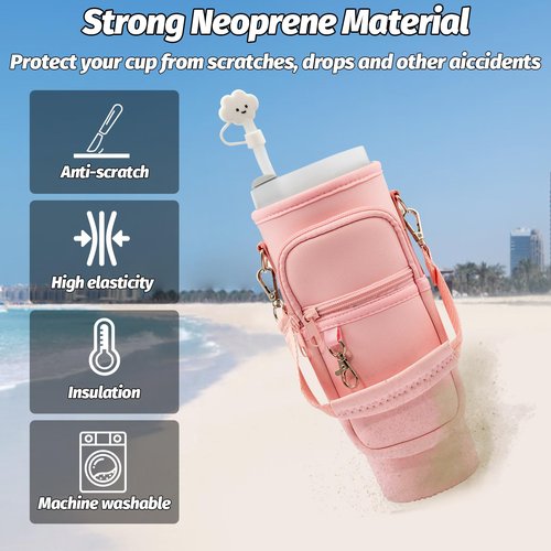7 PCS Water Bottle Carrier Bag with Phone Pocket for Stanley Cup 40oz Accessories with 2 Straw Covers 2 Straws 2 Brushes Neoprene Water Bottle Holder Pouch with Adjustable Shoulder & Hand Straps