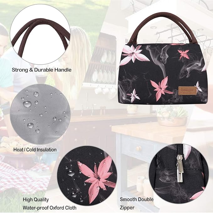 Buringer Insulated Lunch Bag Lunch Box for Women Men Adult Lunch Tote for Work Picnic Travel (Pink Flowers)