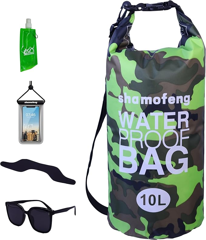 Waterproof Dry Bag Combo 5-30L Roll Top Dry Storage Bag Backpack for Kayaking Boating Beach Camping Travel Fishing, w/Phone Case & Collapsible Water Bottle & Sunglasses & Ear Band,Green 20L