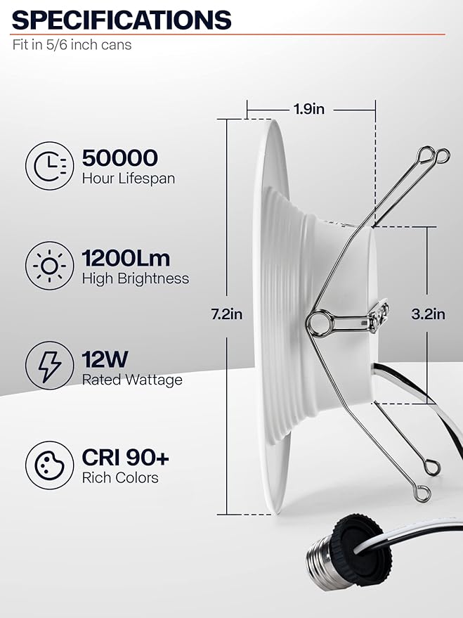 12 Pack 6 Inch 5CCT Dimmable LED Recessed Lights, 12W=75W, 1200LM, Selectable 2700K-6000K, ETL and Energy Star Certified