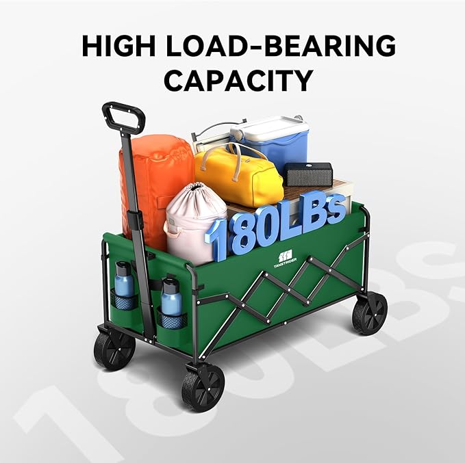 Collapsible Foldable Wagon, Foldig Cart with Wheel Heavy Duty with 180lbs Weight Capacity Lightweight Utility Camping Wagon for Groceries Garden Beach Sports Fishing (Green)