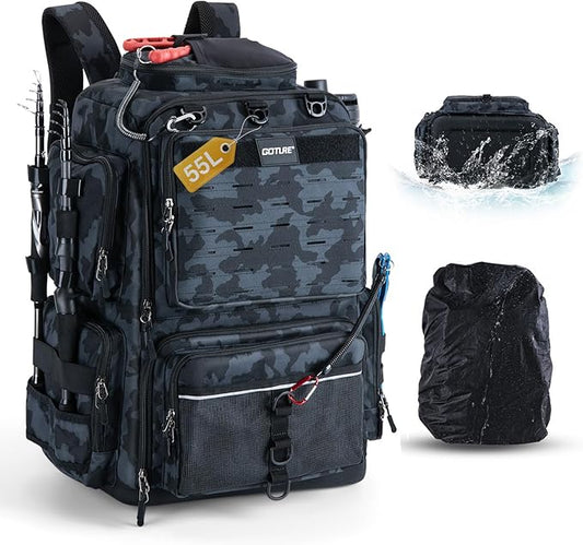 Goture IPX EVA Bottom Fishing Tackle Bag with Rod Holder, Waterproof 600D Fishing Backpack with 8 Lure Pockets & Rain Cover