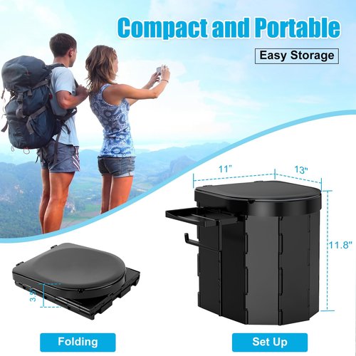 Portable Camping Toilet with PU Cushion, Folding Toilet for Adults with Phone Shelf and Toilet Paper Holder, Camping Porta Potty with Lid for Camping, Hiking, RV Travel, Road Trips