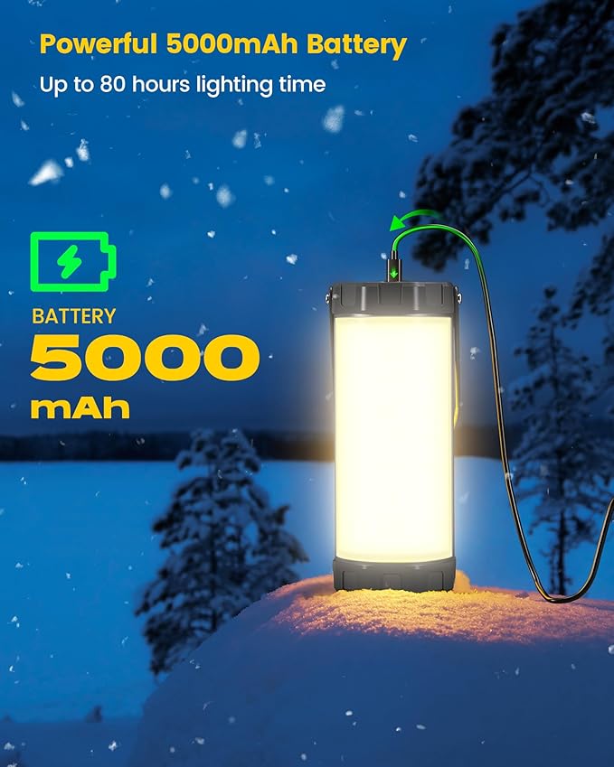 Glocusent Camping Lantern Rechargeable, Up to 80Hrs, 5000mAh 106 LED Lantern with 5 Brightness 3 Modes & SOS, IP68 Waterproof, Max 1200LM, Camping Light for Power Outages Hiking Emergency Hurricane