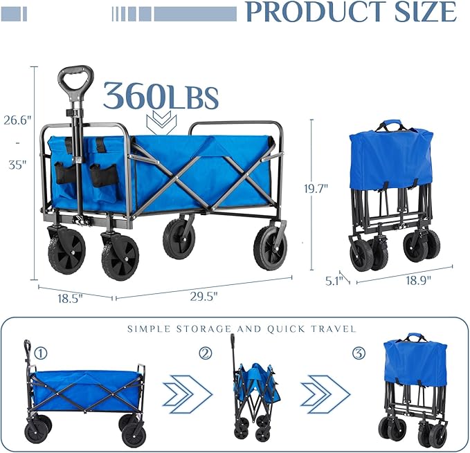 DUMOS Foldable Wagons Carts with All-Terrain Wheels, 120L & 360LBS Portable Shopping Wagon Large Capacity Utility Cart with Drink Holders, Heavy Duty Collapsible for Sand, Beach, Gardening(Large Blue)