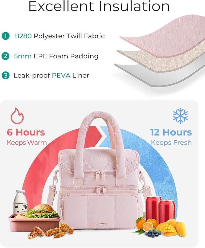 BAGSMART Lunch Bag Women, Double Deck Insulated Lunch Box, Quilted Puffer Lunch Tote, Leakproof, Durable & Reusable Large Lunch Cooler For Work Picnic Travel Meal Prep, Gray