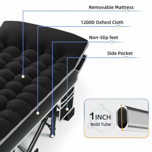 HABUTWAY Camping Cot with Mattress, 32" Extra Wide Camping Cots for Adults, Sleeping Cot for Adults Holds Up to 600LBS, Cots for Sleeping, Camp, Rv, Beach, Patio, Office Naps(Black)