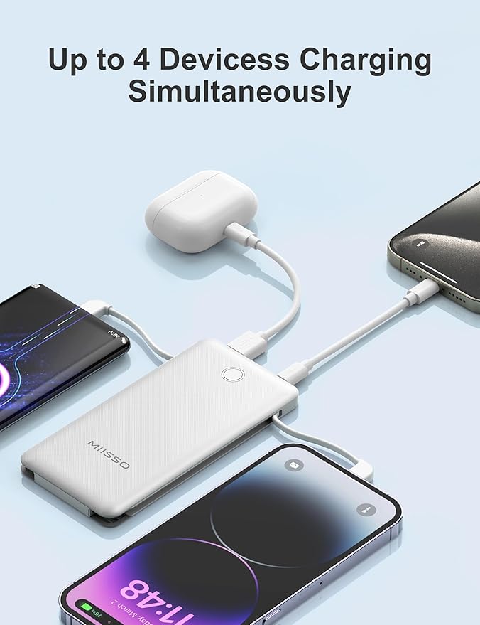 miisso 10000mAh Slim Portable Charger with Built in Cable, Power Bank Travel Charger External Battery Pack for Phone, 4 Output USB Type C Cord Clutch Charger Compatible with iPhone, White
