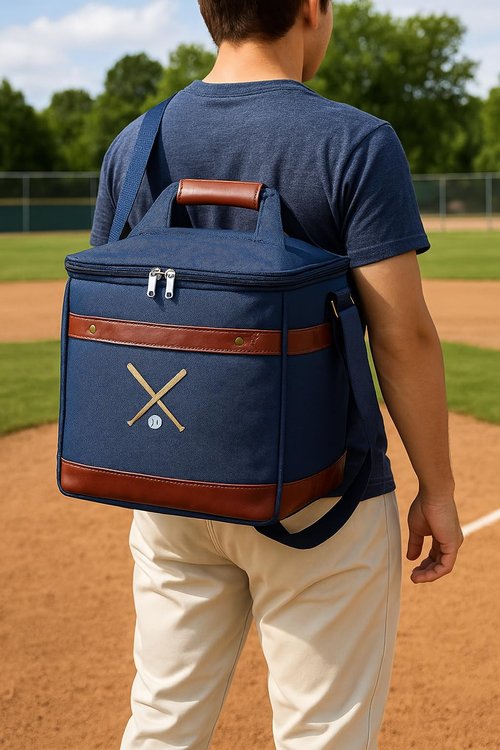 Premium Insulated Cooler, Baseball Soft-Sided Bag - Lunch, Beer & Drink Carrier for Tailgating, Game Day, Golf & Outdoor Sports - Holds 12 Bottles, 18 Cans - Leather Accents, Shoulder Strap (15L)