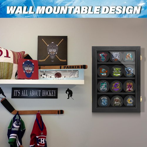 ULTRGEE Hockey Display Case - 12 Pucks, Holder Cabinet Stand Shadow Box for Wall Mount, Removable Shelves, Acrylic Panel - Gift for Collectors