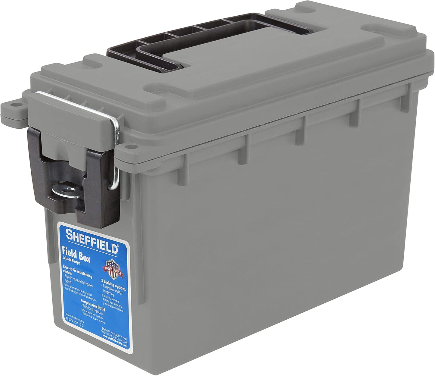 Sheffield 12629 Ammo Storage Box, Stackable .30 Cal Field Boxes, Water and Dust Resistant, Lockable Storage Box with Handle, Secures Hunting Gear, Supplies, and Bullets, Made in USA, Black, 1-Pack