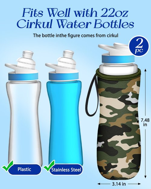 Toykee Water Bottle Sleeve for Cirkul 22 oz - 2 Pack Bottle Cover Holder Carrier with Handle Strap Green Grey Camouflage Print for Men Boy