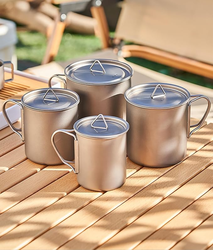Titanium Camping Mug 300ml/10.1oz Lightweight Titanium Pot with Lid Foldable Handle Tea Cup Coffee for Outdoor Backpacking Hiking Traveling Picnic