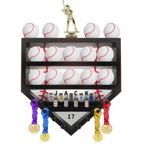 ZRINION Baseball Display Case,Wooden Baseball Ring Holder,Championship Ring Display Case,Baseball Ring Display Case,Baseball Holder Display Case for Balls,Rings,Trophies,Medals,17"×16.5"×3.5"