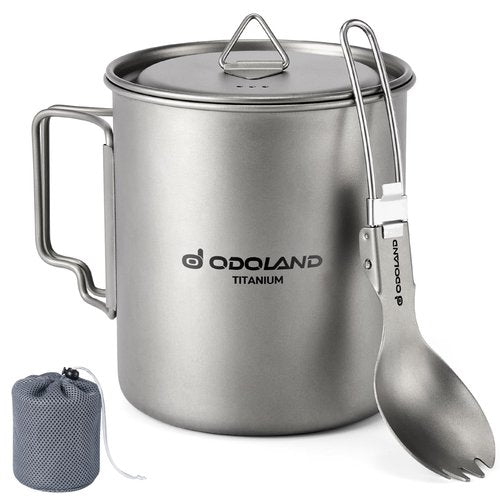 Odoland Titanium Camping Cookware 750ML Titanium Pot with Lid and Spork Lightweight Camping Pot for Backpacking Hiking Traveling and Picnic