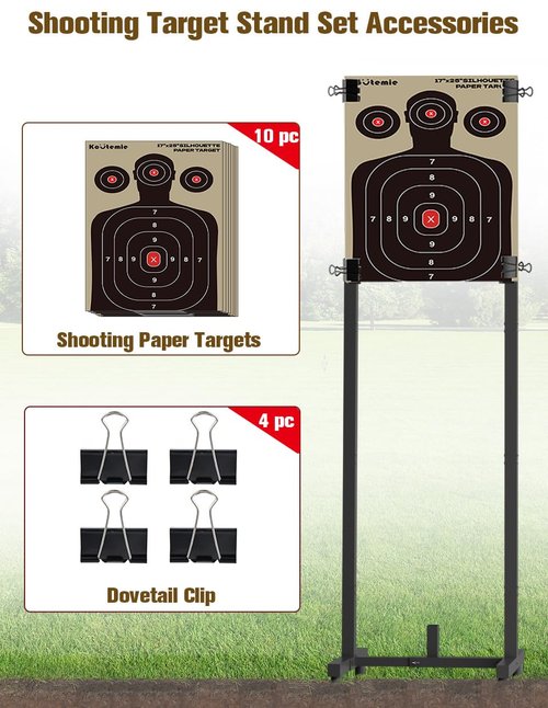 Koutemie Outdoor Shooting Target Stand with 10pcs 17x25 Inch Paper Targets, Heavy Duty Range Target Holder with Adjustable Base for Cardboard Silhouette, H Shape, Black