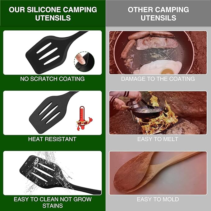 Camping Essentials Cookware Cooking Utensils Set - Portable Camp Kitchen Mess Kit Outdoor Accessories, Stainless Steel & Silicone, Camping Gear Equipment for RV Picnic Grill