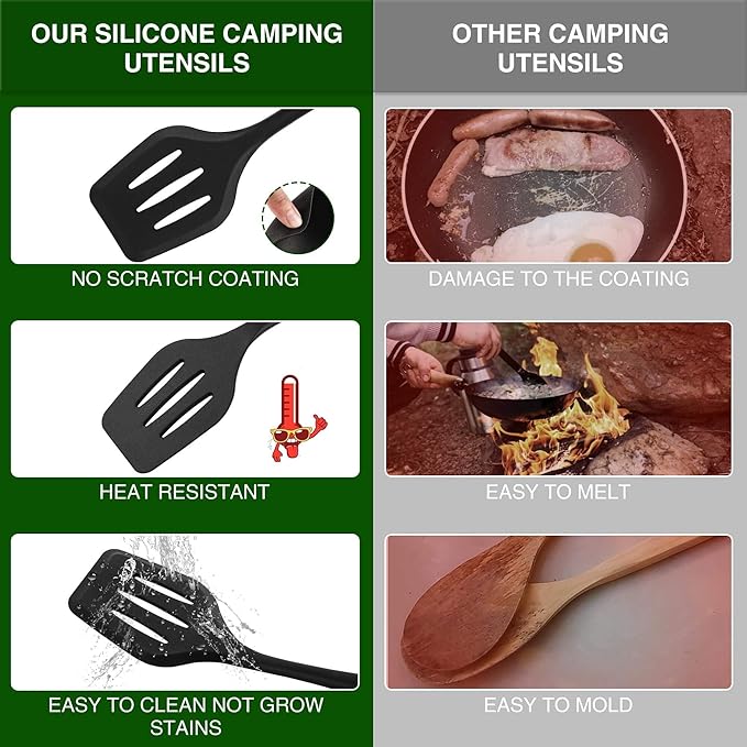 Camping Essentials Cookware Cooking Utensils Set - Portable Camp Kitchen Mess Kit Outdoor Accessories, Stainless Steel & Silicone, Camping Gear Equipment for RV Picnic Grill