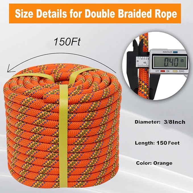 Braided Arborist Rope - 3/8 Inch x 150 Feet Polyester High Strength Climbing Rope for Tree Work, Halyard, Sailing (Orange)