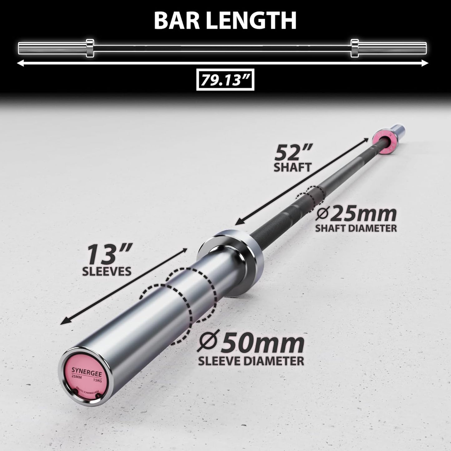 Synergee Open 15kg and 20kg Black Phosphate and Chrome Olympic Barbell. Rated 1000lbs for Weightlifting and Powerlifting.