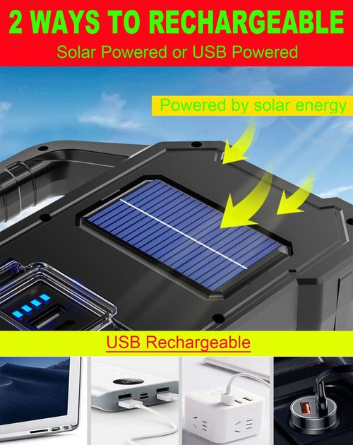 Solar Rechargeable LED Spotlight Flashlight, Super Bright 6000LM Handheld LED Searchlight, Multi-Functional Portable Lamp Camping Lantern Flashlight, 6 Light Modes, IPX4 Waterproof
