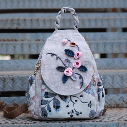 Ladies small backpack wallet, beautiful flowers summer fashion canvas leisure day ladies mini backpack, Beige