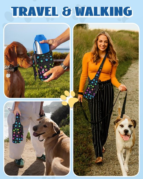 Toykee Portable Dog Water Bottle Carrier Bag for PupFlask 27oz - Travel Bottle Purse Sling with Phone Pocket Strap, Cute Colors Paw Black Pet Bottle Holder Cover for Easy Walking Hiking