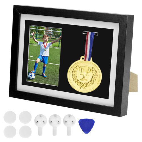 QWORK Medal Display Shadow Box, 1 Medal Display Case and 1 Photo, Black A4 Size, 3-3/4"x5-5/8 Inner Frame Photo Size