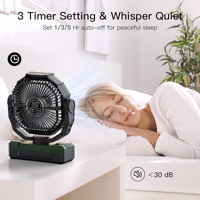FRIZCOL 3-in-1 Camping Fan - Portable Fans Rechargeable - 24000mAh 9-Inch Battery Powered Fan(140Hrs) with Light & Remote for Indoor, Outdoor, Tent, Travel, BBQ, Fishing, Jobsite - Green