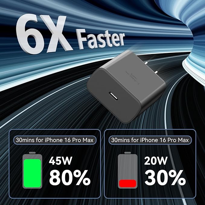 Phone 16 Pro Max Charger Fast Charging, 45W Super Fast USB C Charger Block with 6.6FT Long Charging Cord Cable for 16 Pro Max/16 Pro/16/16 Plus,15 Pro Max/15, Android Phone-Black
