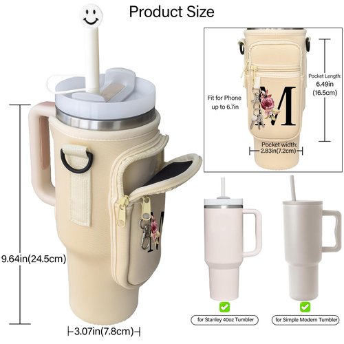 BERITNI Water Bottle Holder with Adjustable Strap Compatible for Stanley 40oz Tumbler with Handle, Initial M Water Bottle Carrier Bag with Phone Pocket for Stanley Cup Accessories