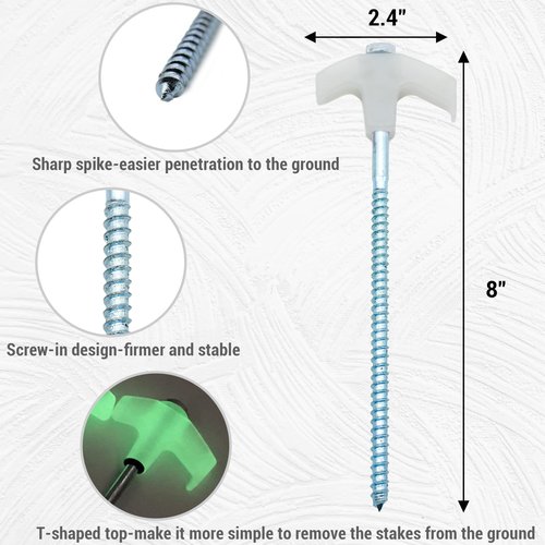 Keovoker 4 Pack Tent Stakes-8” Drill in Heavy Duty Ground Pegs, Screw in Camping Stake with Hex Head Driver, Spikes Puller, Protector in a Carrying Bag, for Hiking, Hammocks, Glow in Dark
