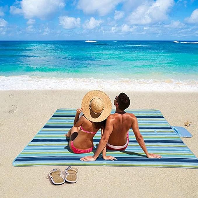 K Y KANGYUN Beach Blanket Outdoor Picnic Blankets Mat 80"x60" Extra Large Waterproof Sand Proof Camping Blanket Lightweight Folding Portable Travel Blanket for Family Park Beach Grass (Blue Line)