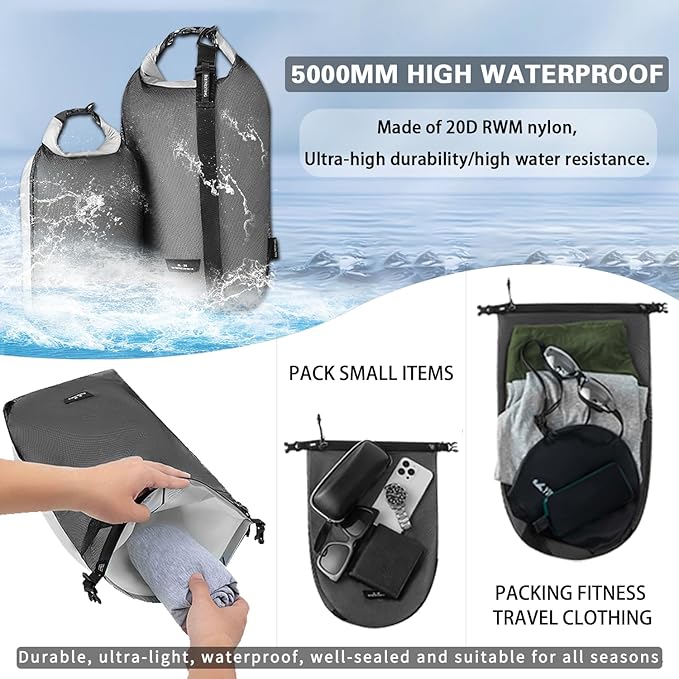 Waterproof dry sack Lightweight Dry Bag Soft and comfortable stuff sacks for backpacking Rafting Boating Camping（4L,8L） (Grey, 4L 8L)