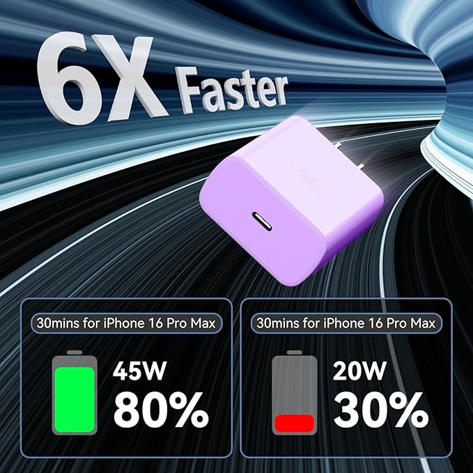 Phone 16 Pro Max Charger Fast Charging, 45W Super Fast USB C Charger Block with 6.6FT Long Charging Cord Cable for Phone 16 Pro Max/16 Pro/16/16 Plus,15 Pro Max/15 Pro/15,Android Phone-Purple