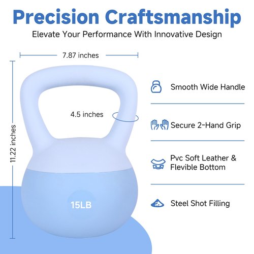 Leikefitness Soft Kettlebells,Steel Shot Filled Weights for Women and Men,Color Coded Anti Slip Soft Kettlebells,Home workout (BLUE, 15 LB)