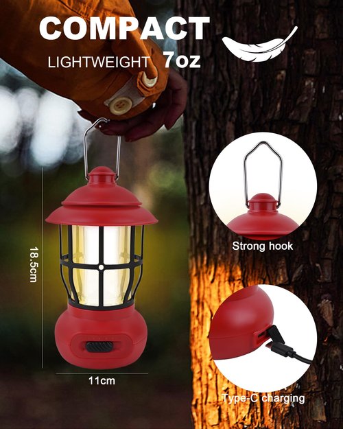 Camping Lights - LHQOO LED Lights for Power Outage, LED Flashlights with Three Dimmers, Rechargeable Camping Lantern with Hook, Suitable for Fishing, Picnics, Camping, Halloween, Birthday Gifts(Red)