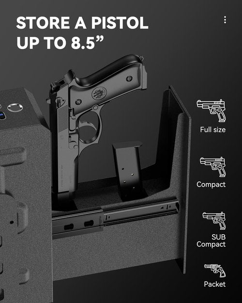 HOLEWOR Gun Safe, Slider Biometric Pistol Safe Fingerprint Bedside Gun Lock Box, 3 Ways Quick Access Mounted Handgun Case for Nightstand, Bed, Desk, Wall, Dresser