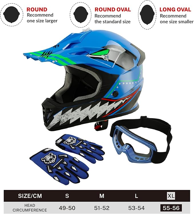 TCT-MOTORPARTS DOT Youth Kids Motocross ATV Helmets Offroad Street Dirt Bike Go-Kart BMX MX Full Face Helmet Blue w/Shark Mouth X-Large Size