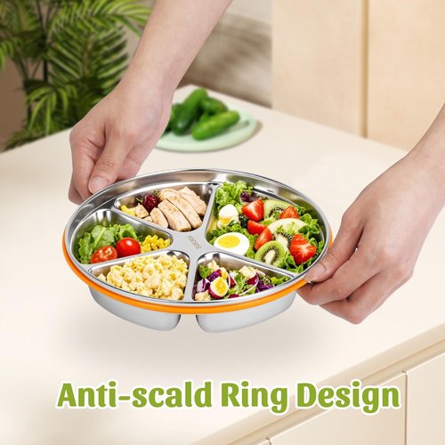 OUTFANDIA Stainless Steel Portion Control Plate with Lids, Divided Plates for Adults, 10.6in Deep Divided Lunch Boxes with Secure Locking Plastic Lids, Reusable Camping Serving Dinner Plates