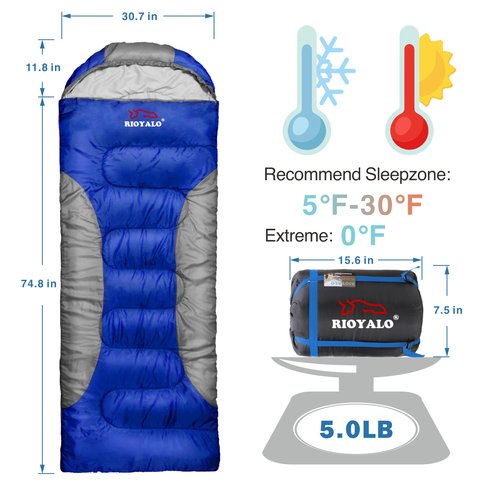 RIOYALO 5°F Cold Weather Sleeping Bags for Adults Camping | Big and Tall Winter Sleeping Bag w. Compression Sack for Backpacking, Hiking | Waterproof, Portable | Blue