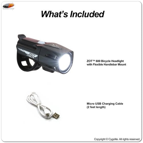 Cygolite Zot 600 Lumen Bicycle Light – 8 Light Modes – Use Day and Night – Compact, Durable, IP67 Waterproof– Secure Hard Mount– USB Rechargeable – for Road and Commuter Bicycles