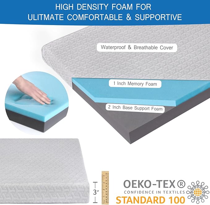 Memory Foam Camping Mattress Pad 3 Inch Thick, Portable Sleeping Pad with Waterproof Cover, Portable Roll Up Cot Mattress Pad Floor Mat for Travel Truck Bed Tent, 72"×24"×3", Gray