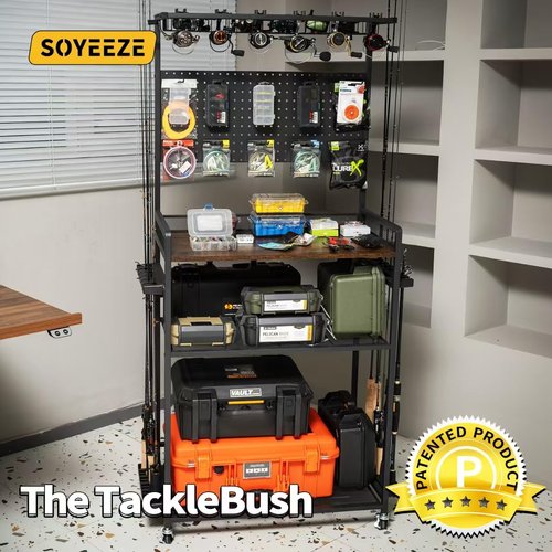 SOYEEZE Fishing Rod Holders for Garage,Fishing Gear Holder for Fishing Rod Tackle Box Storage，Fishing Pole Holders for 12 Rods with Hooks and Pegboard,Fishing Cart with Reel Rack